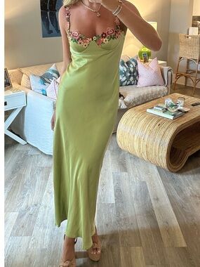 Floral Trim Green Slip Dress